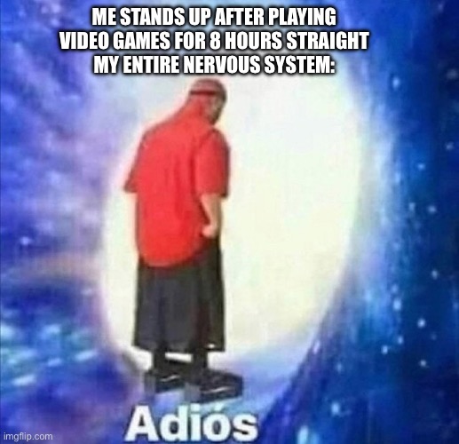 Adios | ME STANDS UP AFTER PLAYING VIDEO GAMES FOR 8 HOURS STRAIGHT
MY ENTIRE NERVOUS SYSTEM: | image tagged in adios | made w/ Imgflip meme maker