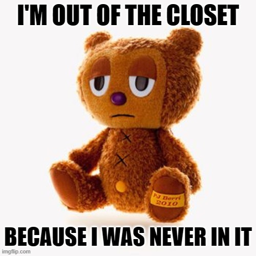 Pj plush | I'M OUT OF THE CLOSET; BECAUSE I WAS NEVER IN IT | image tagged in pj plush | made w/ Imgflip meme maker
