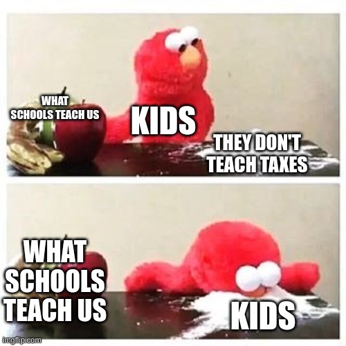 elmo cocaine | WHAT SCHOOLS TEACH US; KIDS; THEY DON'T TEACH TAXES; WHAT SCHOOLS TEACH US; KIDS | image tagged in elmo cocaine | made w/ Imgflip meme maker
