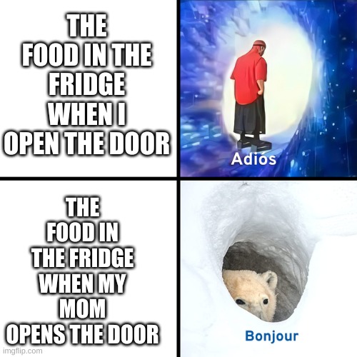 i messed up the first time | THE FOOD IN THE FRIDGE WHEN I OPEN THE DOOR; THE FOOD IN THE FRIDGE WHEN MY MOM OPENS THE DOOR | image tagged in adios bonjour | made w/ Imgflip meme maker