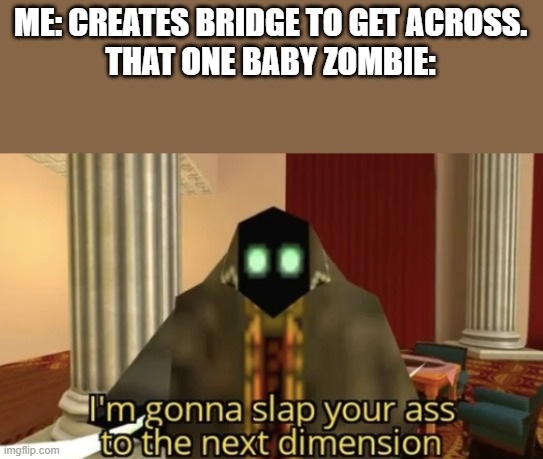 this gets everyone mad | ME: CREATES BRIDGE TO GET ACROSS.

THAT ONE BABY ZOMBIE: | image tagged in i'm gonna slap your ass to the next dimension | made w/ Imgflip meme maker