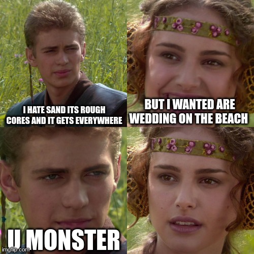 Anakin Padme 4 Panel | I HATE SAND ITS ROUGH CORES AND IT GETS EVERYWHERE; BUT I WANTED ARE WEDDING ON THE BEACH; U MONSTER | image tagged in anakin padme 4 panel | made w/ Imgflip meme maker