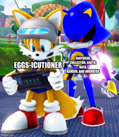 Xander and Inkmatas bc attack on citadel | EGGYHEAD, COLLECTOR, EARTH, DATA, XANDER, AND INKMATAS; EGGS-ICUTIONER | image tagged in that one scene in henry stickmin | made w/ Imgflip meme maker