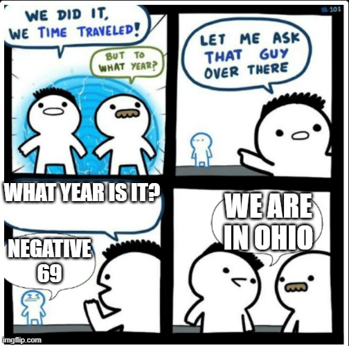 Time travel |  WHAT YEAR IS IT? WE ARE IN OHIO; NEGATIVE 69 | image tagged in time travel | made w/ Imgflip meme maker
