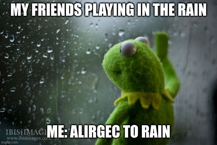 kermit window | MY FRIENDS PLAYING IN THE RAIN; ME: ALIRGEC TO RAIN | image tagged in kermit window | made w/ Imgflip meme maker