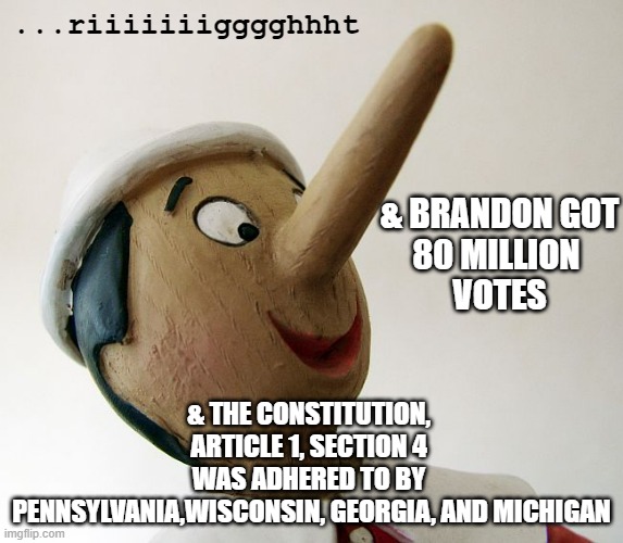 BRANDON is a Great Leader & the Unarmed Revolt was a Coup & Insurrection | ...riiiiiiigggghhht; & BRANDON GOT
80 MILLION 
VOTES; & THE CONSTITUTION, 
ARTICLE 1, SECTION 4 
WAS ADHERED TO BY 
PENNSYLVANIA,WISCONSIN, GEORGIA, AND MICHIGAN | image tagged in liberal logic,fjb,lets go,dick cheney,hillary clinton 2016,hunter biden | made w/ Imgflip meme maker