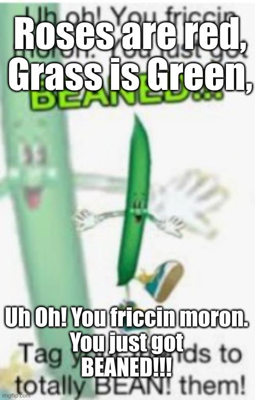Happy valentines day. | Roses are red, Grass is Green, Uh Oh! You friccin moron.
You just got
BEANED!!! | image tagged in you just got beaned | made w/ Imgflip meme maker