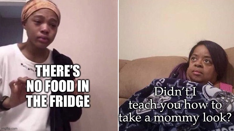 Me explaining to my mom | THERE’S NO FOOD IN THE FRIDGE; Didn’t I teach you how to take a mommy look? | image tagged in me explaining to my mom | made w/ Imgflip meme maker