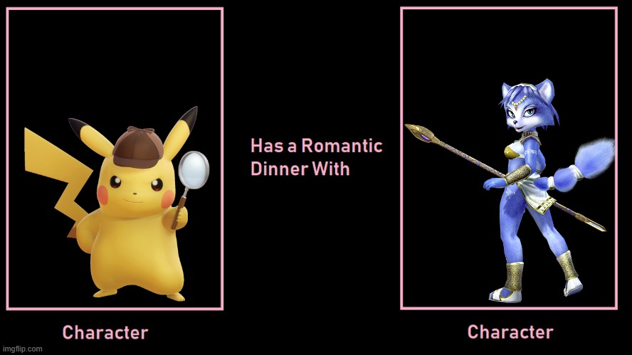 what if detective pikachu had a romantic dinner with krystal | image tagged in valentine's day,romance,detective pikachu,starfox,romantic dinner | made w/ Imgflip meme maker