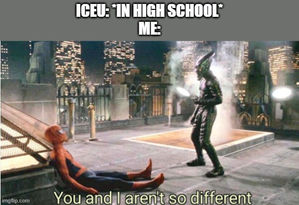 you and i aren't so different | ICEU: *IN HIGH SCHOOL*
ME: | image tagged in you and i aren't so different,iceu | made w/ Imgflip meme maker