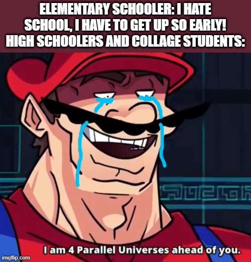 Im 4 parrelel universes ahead of you | ELEMENTARY SCHOOLER: I HATE SCHOOL, I HAVE TO GET UP SO EARLY!
HIGH SCHOOLERS AND COLLAGE STUDENTS: | image tagged in im 4 parrelel universes ahead of you,school | made w/ Imgflip meme maker