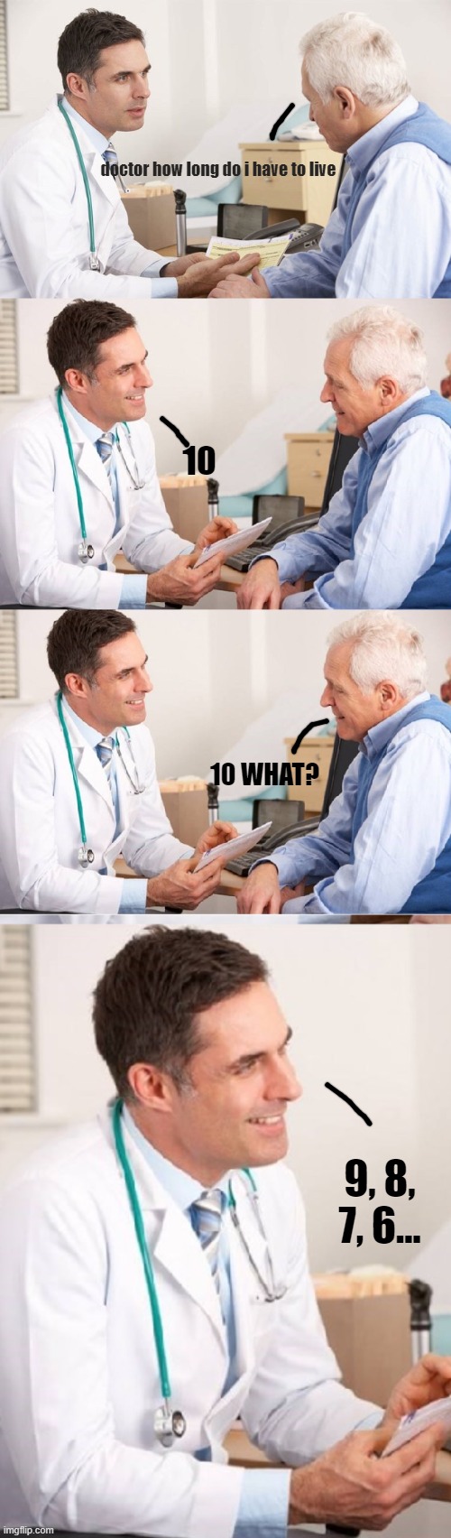 Harsh, but true | doctor how long do i have to live; 10; 10 WHAT? 9, 8, 7, 6... | image tagged in doctor patient meme | made w/ Imgflip meme maker