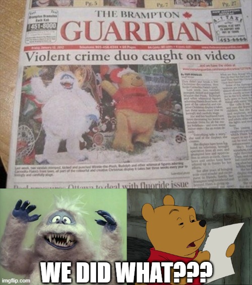 Crime Duo | WE DID WHAT??? | image tagged in abominable snowman,winnie the pooh | made w/ Imgflip meme maker