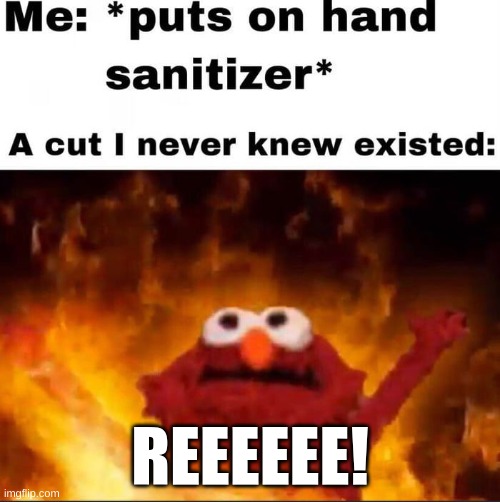 ¨REEEEEE!¨ | REEEEEE! | image tagged in hand sanitizer,funny,fun,elmo fire,reeeee,funny memes | made w/ Imgflip meme maker