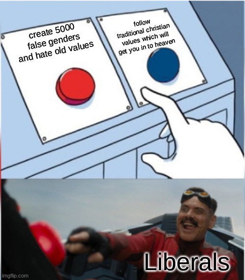 Robotnik Pressing Red Button | follow traditional christian values which will get you in to heaven; create 5000 false genders and hate old values; Liberals | image tagged in robotnik pressing red button | made w/ Imgflip meme maker