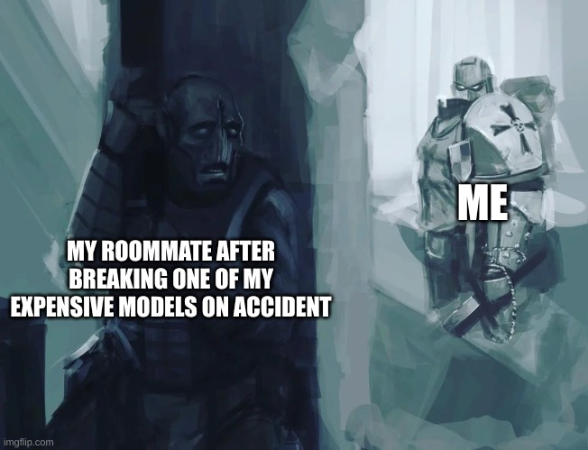 True Story | ME; MY ROOMMATE AFTER BREAKING ONE OF MY EXPENSIVE MODELS ON ACCIDENT | image tagged in 40k | made w/ Imgflip meme maker