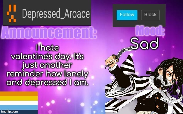 Another day of sadness | Sad; I hate valentine's day. It's just another reminder how lonely and depressed I am. | made w/ Imgflip meme maker