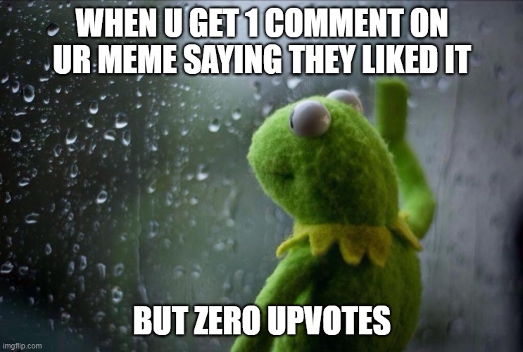 Happens to me all the time | WHEN U GET 1 COMMENT ON UR MEME SAYING THEY LIKED IT; BUT ZERO UPVOTES | image tagged in sad kermit,kermit window | made w/ Imgflip meme maker
