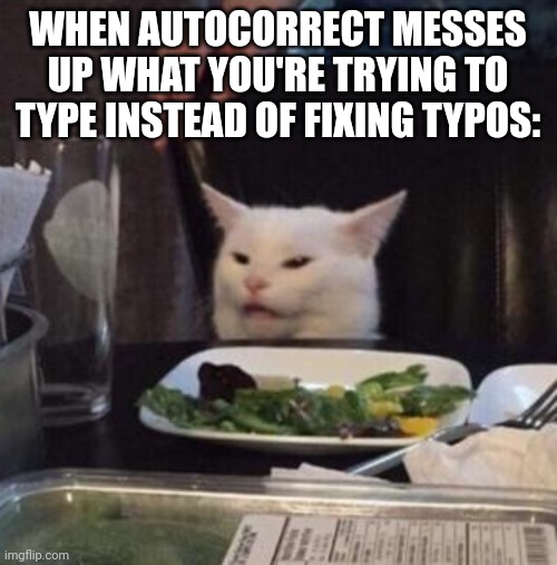 Ugh, I hate this! | WHEN AUTOCORRECT MESSES UP WHAT YOU'RE TRYING TO TYPE INSTEAD OF FIXING TYPOS: | image tagged in annoyed white cat,memes,relatable,annoyed,frustration,autocorrect | made w/ Imgflip meme maker