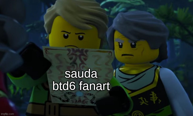 Lloyd and garmadon looking at paper | sauda btd6 fanart | image tagged in lloyd and garmadon looking at paper | made w/ Imgflip meme maker