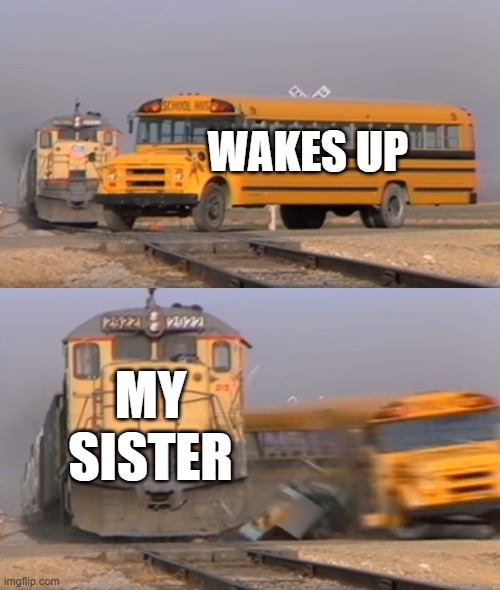 A train hitting a school bus | WAKES UP; MY SISTER | image tagged in a train hitting a school bus | made w/ Imgflip meme maker