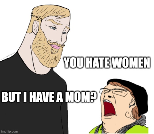Wait hang on we all have moms! | YOU HATE WOMEN; BUT I HAVE A MOM? | image tagged in chad vs crying liberal,moms,giga chad,soyboy vs yes chad | made w/ Imgflip meme maker