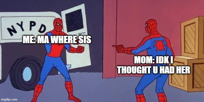 We lost sis | ME: MA WHERE SIS; MOM: IDK I THOUGHT U HAD HER | image tagged in spider man double | made w/ Imgflip meme maker