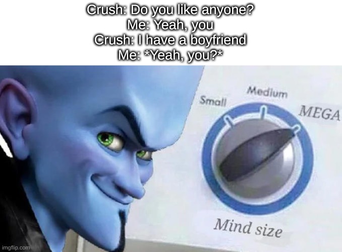Sadly, This Only Works for Texting | Crush: Do you like anyone?
Me: Yeah, you
Crush: I have a boyfriend
Me: *Yeah, you?* | image tagged in mega mind size | made w/ Imgflip meme maker