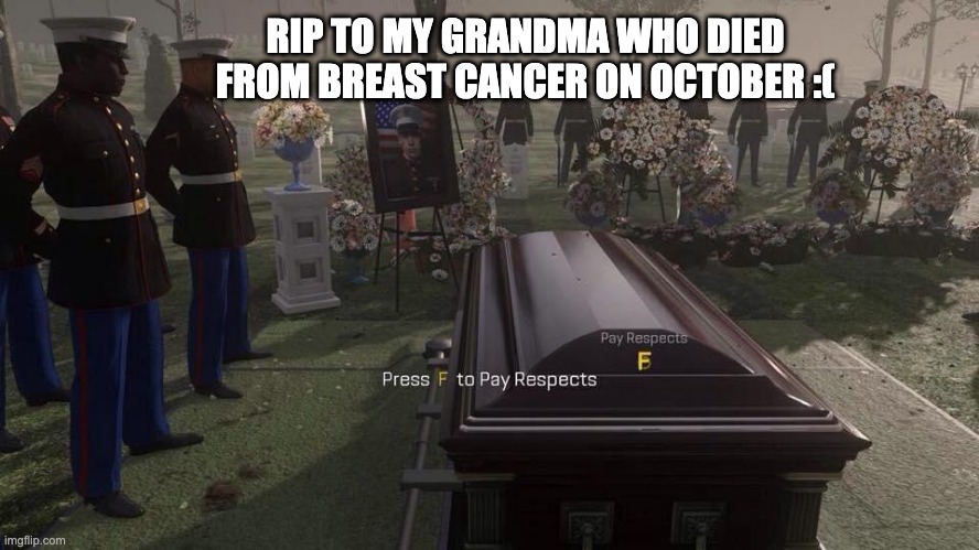 Press F to Pay Respects | RIP TO MY GRANDMA WHO DIED FROM BREAST CANCER ON OCTOBER :( | image tagged in press f to pay respects | made w/ Imgflip meme maker
