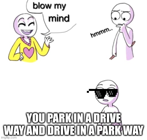 Blow my mind | YOU PARK IN A DRIVE WAY AND DRIVE IN A PARK WAY | image tagged in blow my mind | made w/ Imgflip meme maker