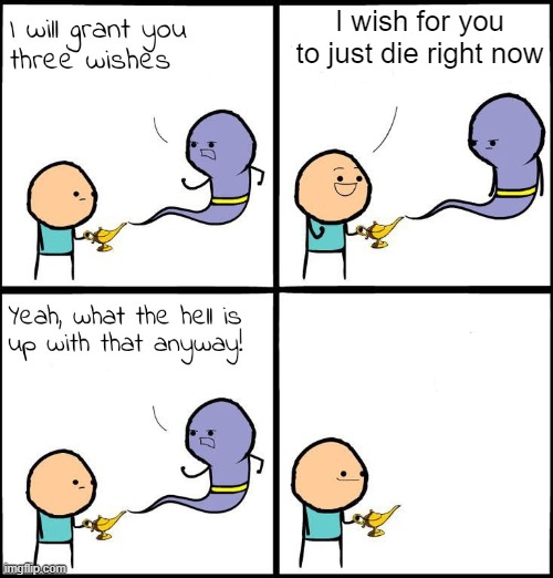 3 Wishes | I wish for you to just die right now | image tagged in 3 wishes | made w/ Imgflip meme maker