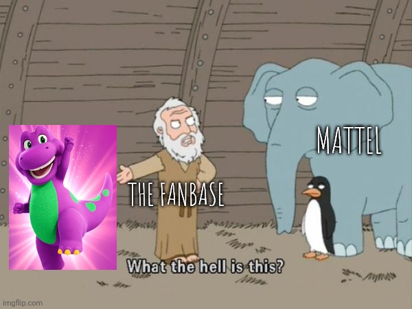 Why is there a gap in his teeth? | MATTEL; THE FANBASE | image tagged in what the hell is this,barney the dinosaur,barney,family guy,barney will eat all of your delectable biscuits | made w/ Imgflip meme maker