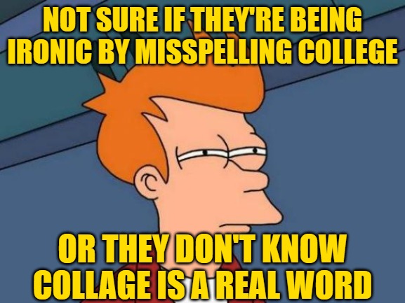 Futurama Fry Meme | NOT SURE IF THEY'RE BEING IRONIC BY MISSPELLING COLLEGE OR THEY DON'T KNOW COLLAGE IS A REAL WORD | image tagged in memes,futurama fry | made w/ Imgflip meme maker