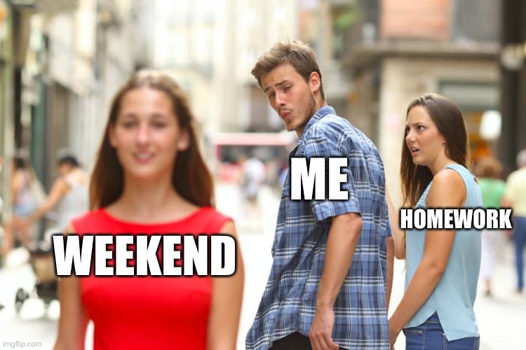 true | ME; HOMEWORK; WEEKEND | image tagged in memes,distracted boyfriend | made w/ Imgflip meme maker