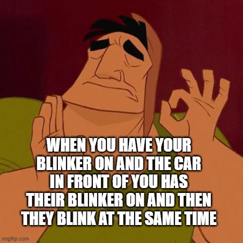 Is it just me? | WHEN YOU HAVE YOUR BLINKER ON AND THE CAR IN FRONT OF YOU HAS THEIR BLINKER ON AND THEN THEY BLINK AT THE SAME TIME | image tagged in when x just right,cars,satisfaction | made w/ Imgflip meme maker