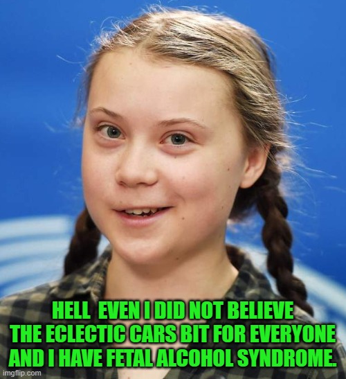 Greta Thunberg | HELL  EVEN I DID NOT BELIEVE THE ECLECTIC CARS BIT FOR EVERYONE AND I HAVE FETAL ALCOHOL SYNDROME. | image tagged in greta thunberg | made w/ Imgflip meme maker