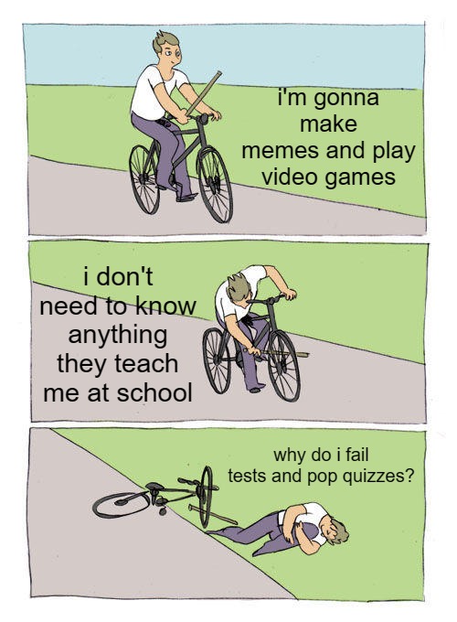 Bike Fall Meme | i'm gonna make memes and play video games i don't need to know anything they teach me at school why do i fail tests and pop quizzes? | image tagged in memes,bike fall | made w/ Imgflip meme maker