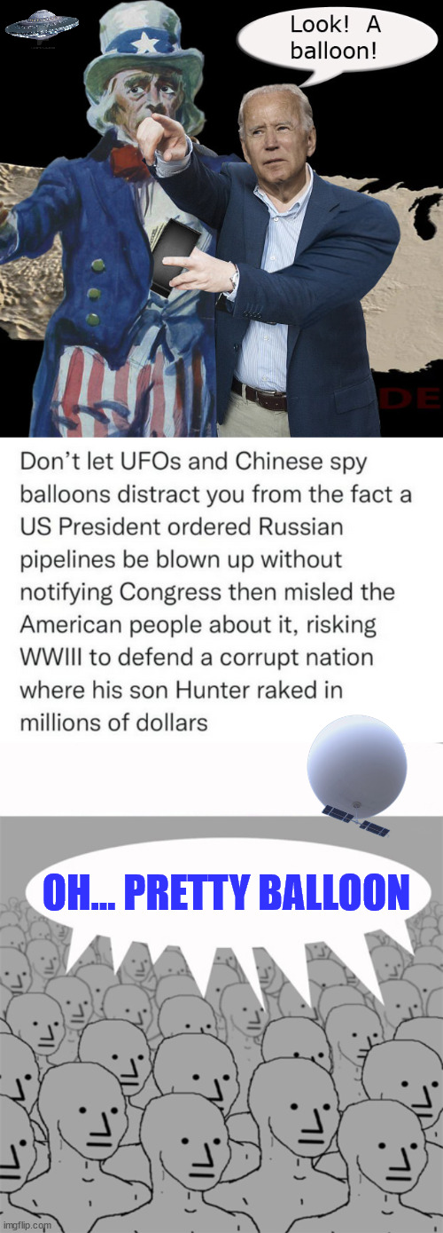 Don't be fooled by their distractions... | OH... PRETTY BALLOON | image tagged in npcprogramscreed,joe biden,distraction | made w/ Imgflip meme maker