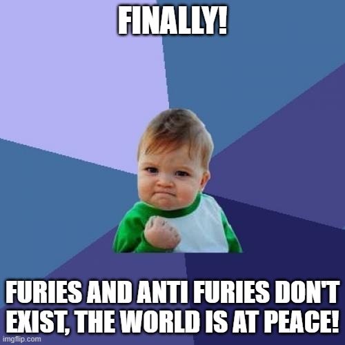Success Kid Meme | FINALLY! FURIES AND ANTI FURIES DON'T EXIST, THE WORLD IS AT PEACE! | image tagged in memes,success kid | made w/ Imgflip meme maker