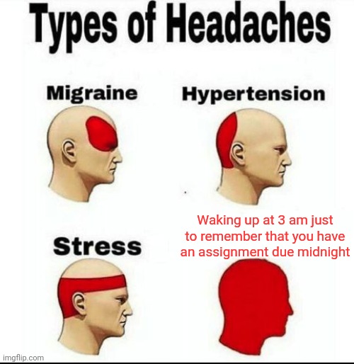 T R U E | Waking up at 3 am just to remember that you have an assignment due midnight | image tagged in types of headaches meme | made w/ Imgflip meme maker