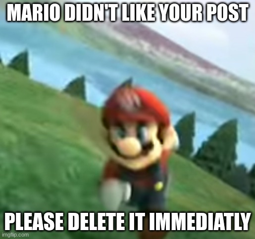 Mario hates it | MARIO DIDN'T LIKE YOUR POST; PLEASE DELETE IT IMMEDIATLY | image tagged in memes,mario,super smash bros,nintendo,lol | made w/ Imgflip meme maker