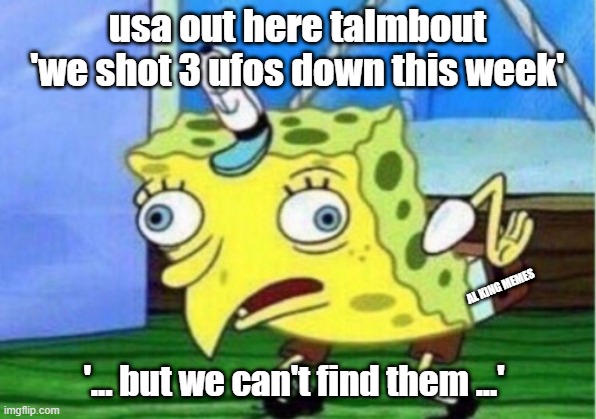 usa and ufos | usa out here talmbout 'we shot 3 ufos down this week'; AL KING MEMES; '... but we can't find them ...' | image tagged in memes,mocking spongebob,ufos,uap,usa | made w/ Imgflip meme maker