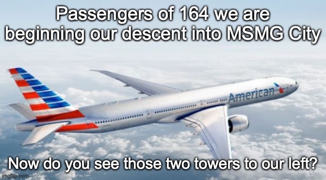 Those are the twin towers of the Imgflip Trade Center, the second tallest buildings in the stream | Passengers of 164 we are beginning our descent into MSMG City; Now do you see those two towers to our left? | image tagged in american airlines jet | made w/ Imgflip meme maker