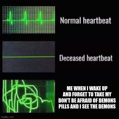 heartbeat rate | ME WHEN I WAKE UP AND FORGET TO TAKE MY DON'T BE AFRAID OF DEMONS PILLS AND I SEE THE DEMONS | image tagged in heartbeat rate | made w/ Imgflip meme maker