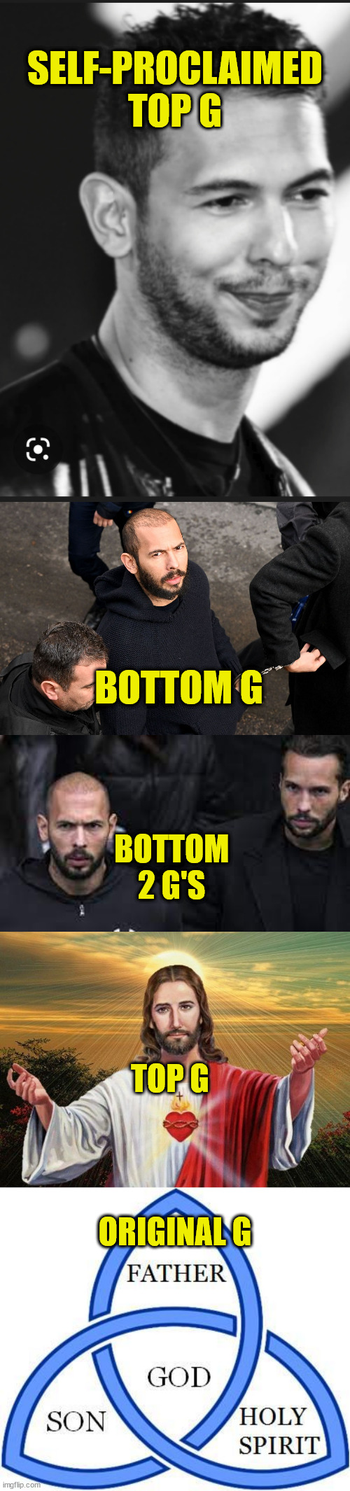 andrew tainted | SELF-PROCLAIMED TOP G; BOTTOM G; BOTTOM 2 G'S; TOP G; ORIGINAL G | image tagged in top g,g,andrew tate,self-snitch | made w/ Imgflip meme maker