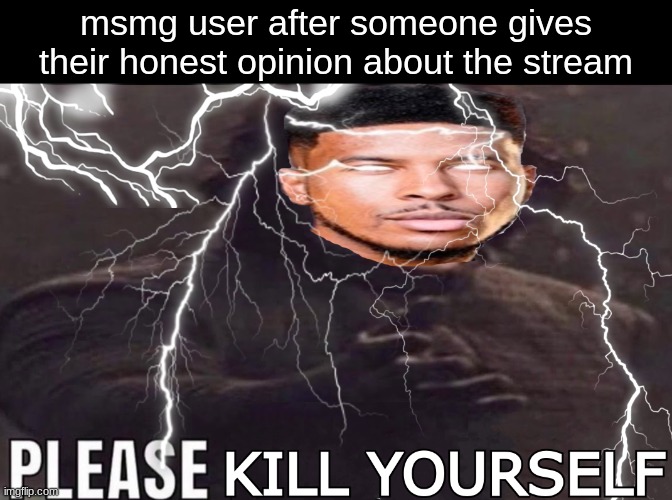 Please Kill Yourself | msmg user after someone gives their honest opinion about the stream | image tagged in please kill yourself | made w/ Imgflip meme maker