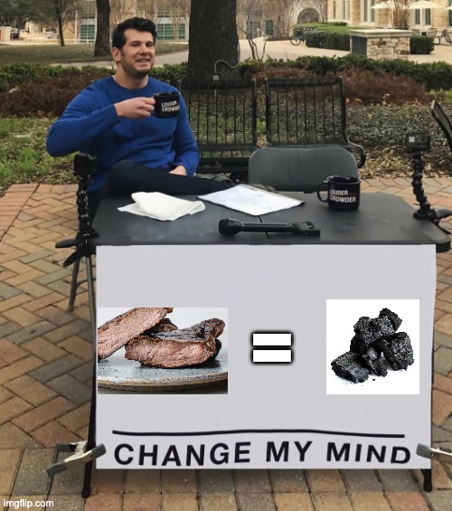 Steak well done | = | image tagged in change my mind tilt-corrected | made w/ Imgflip meme maker