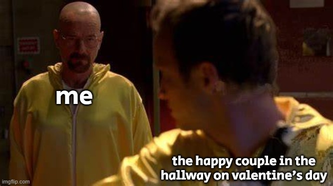 [insert a-train meme here] | me; the happy couple in the hallway on valentine's day | image tagged in jesse looking back | made w/ Imgflip meme maker