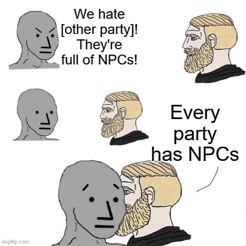 Chad approaching npc | We hate [other party]! They're full of NPCs! Every party has NPCs | image tagged in chad approaching npc | made w/ Imgflip meme maker