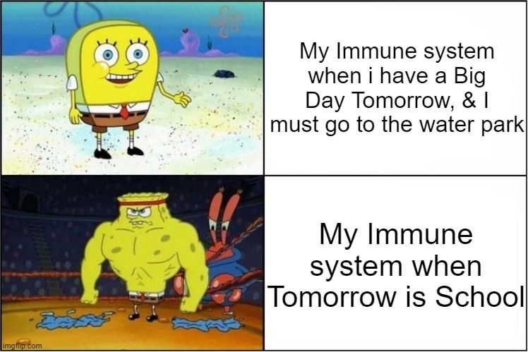 Why is this soooooo true | My Immune system when i have a Big Day Tomorrow, & I must go to the water park; My Immune system when Tomorrow is School | image tagged in weak vs strong spongebob,memes,relatable memes,so true memes,funny,immune system | made w/ Imgflip meme maker